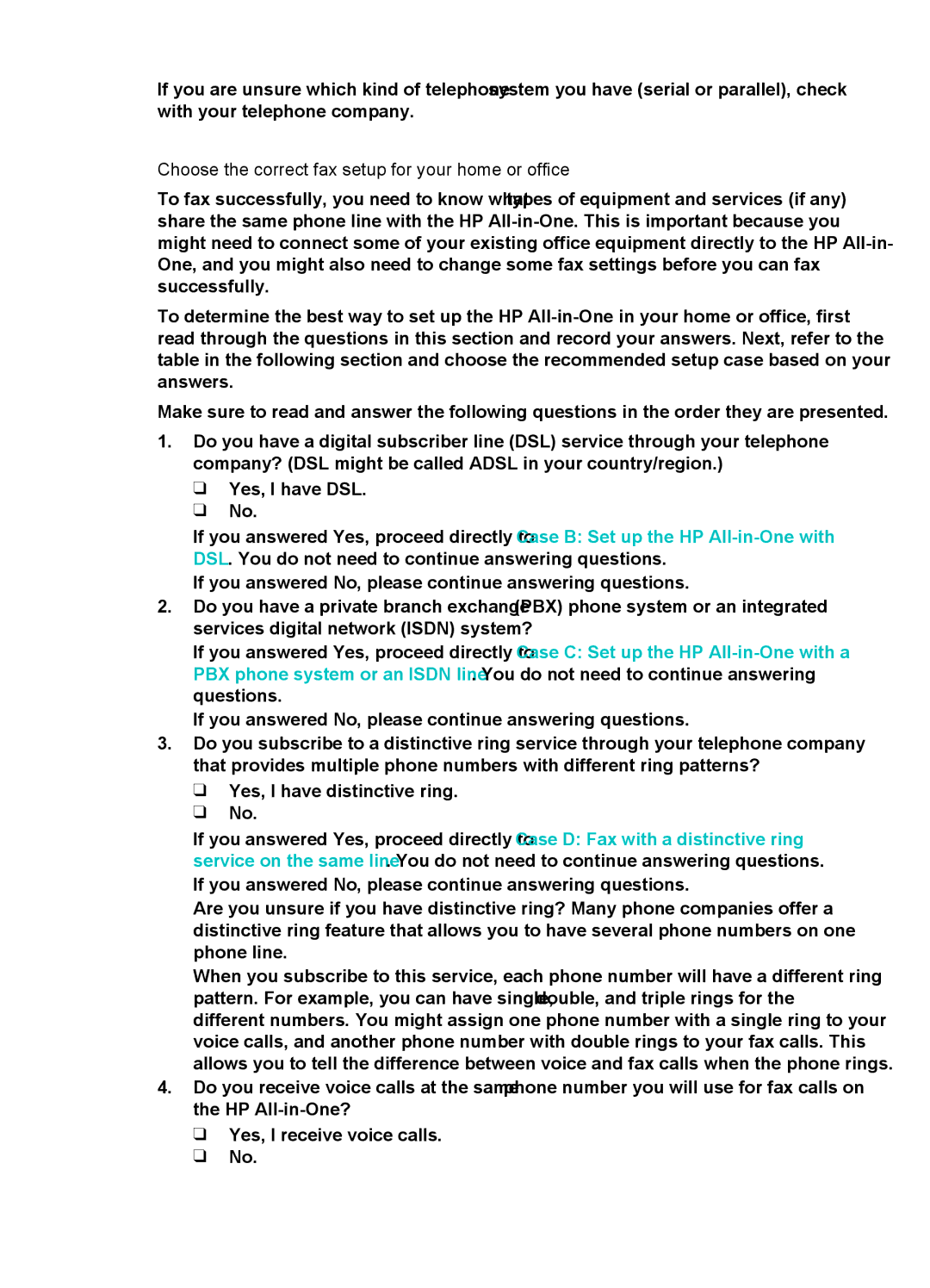 HP 6310xi manual Choose the correct fax setup for your home or office 