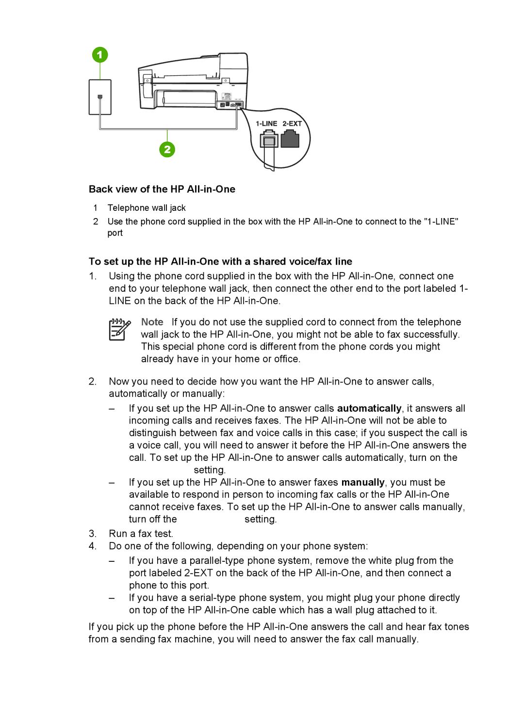 HP 6310xi manual To set up the HP All-in-One with a shared voice/fax line 