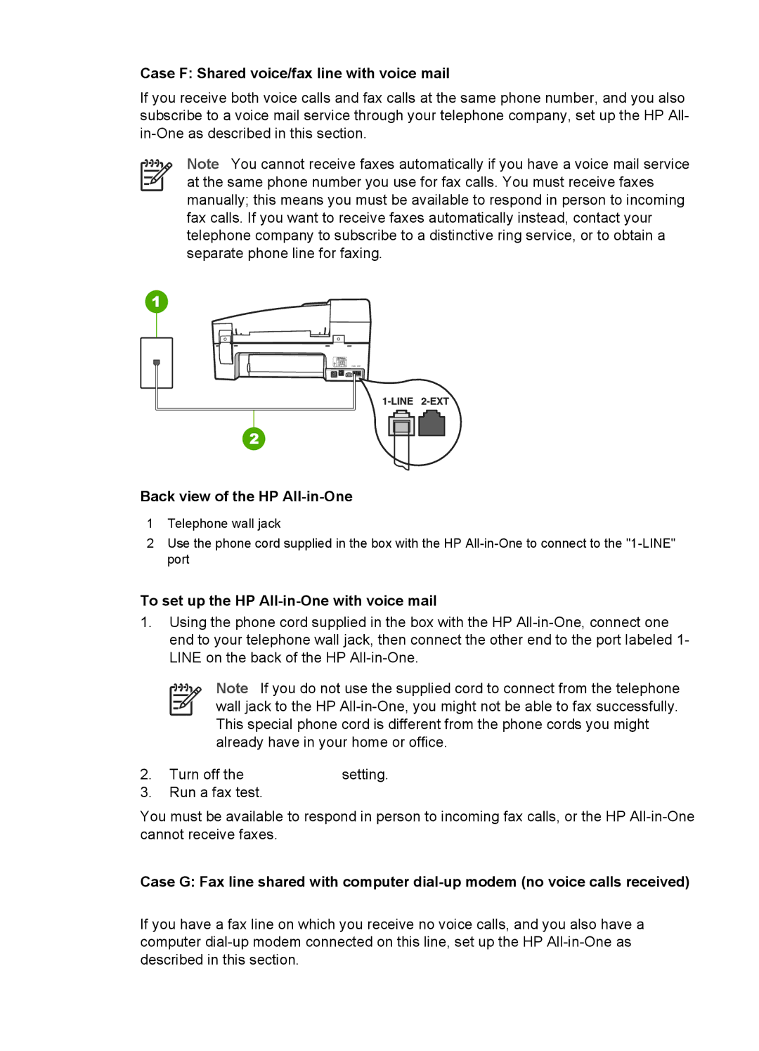 HP 6310xi manual Case F Shared voice/fax line with voice mail, To set up the HP All-in-One with voice mail 