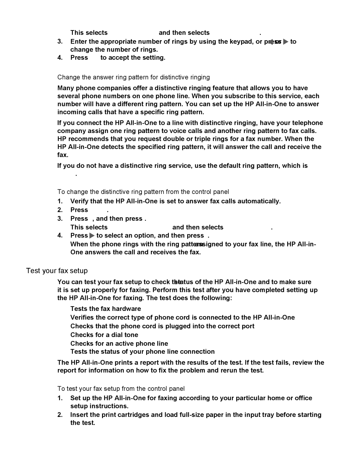 HP 6310xi manual Test your fax setup, Change the answer ring pattern for distinctive ringing 