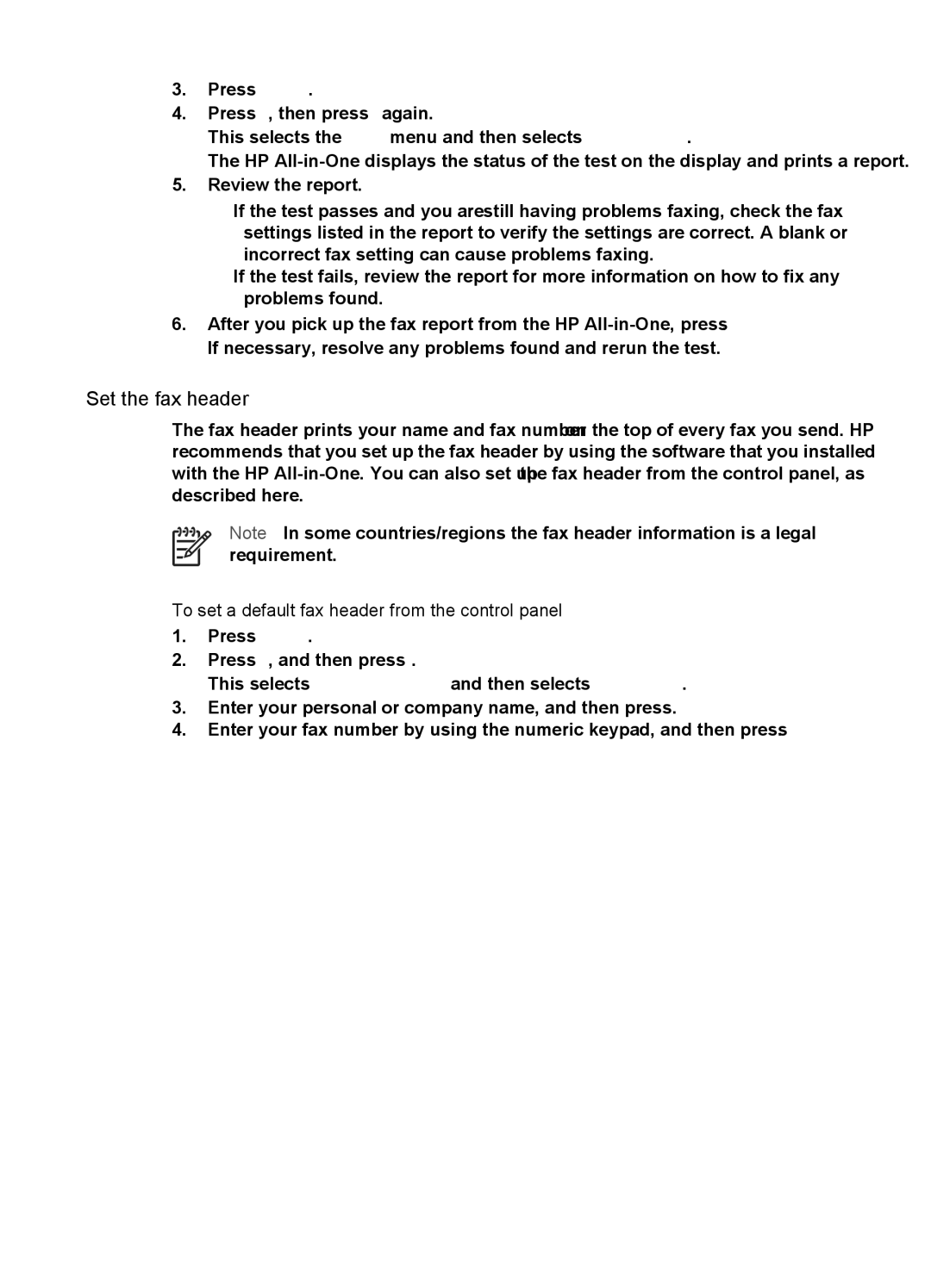 HP 6310xi manual Set the fax header, To set a default fax header from the control panel 