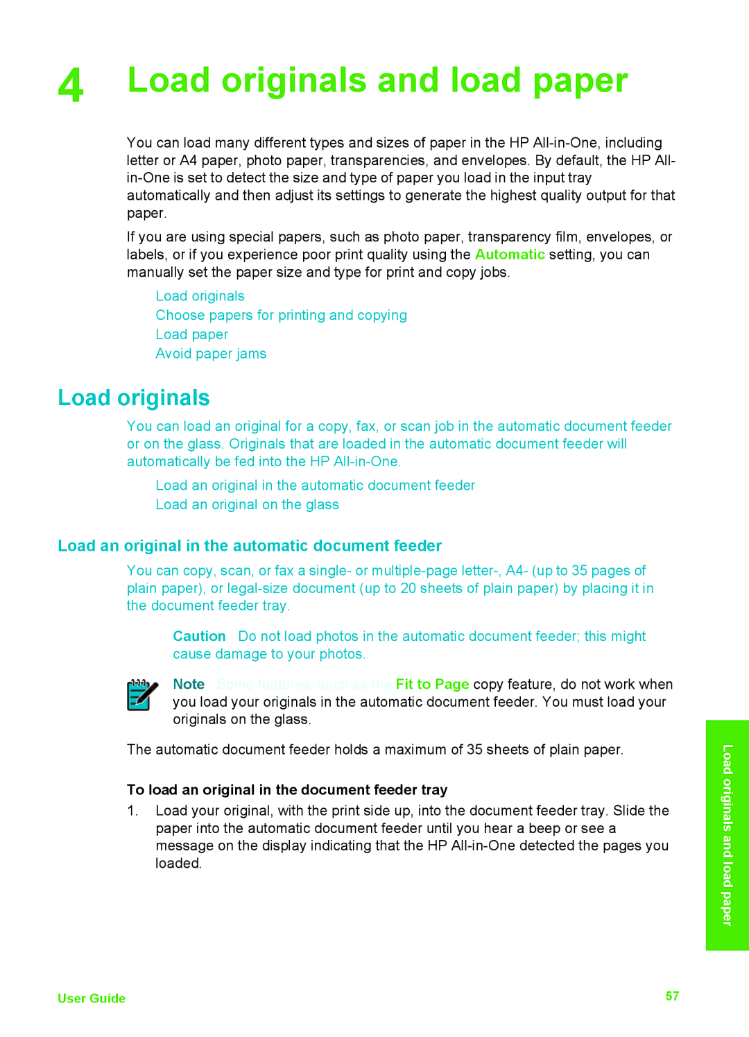 HP 6310xi manual Load originals and load paper, Load an original in the automatic document feeder 