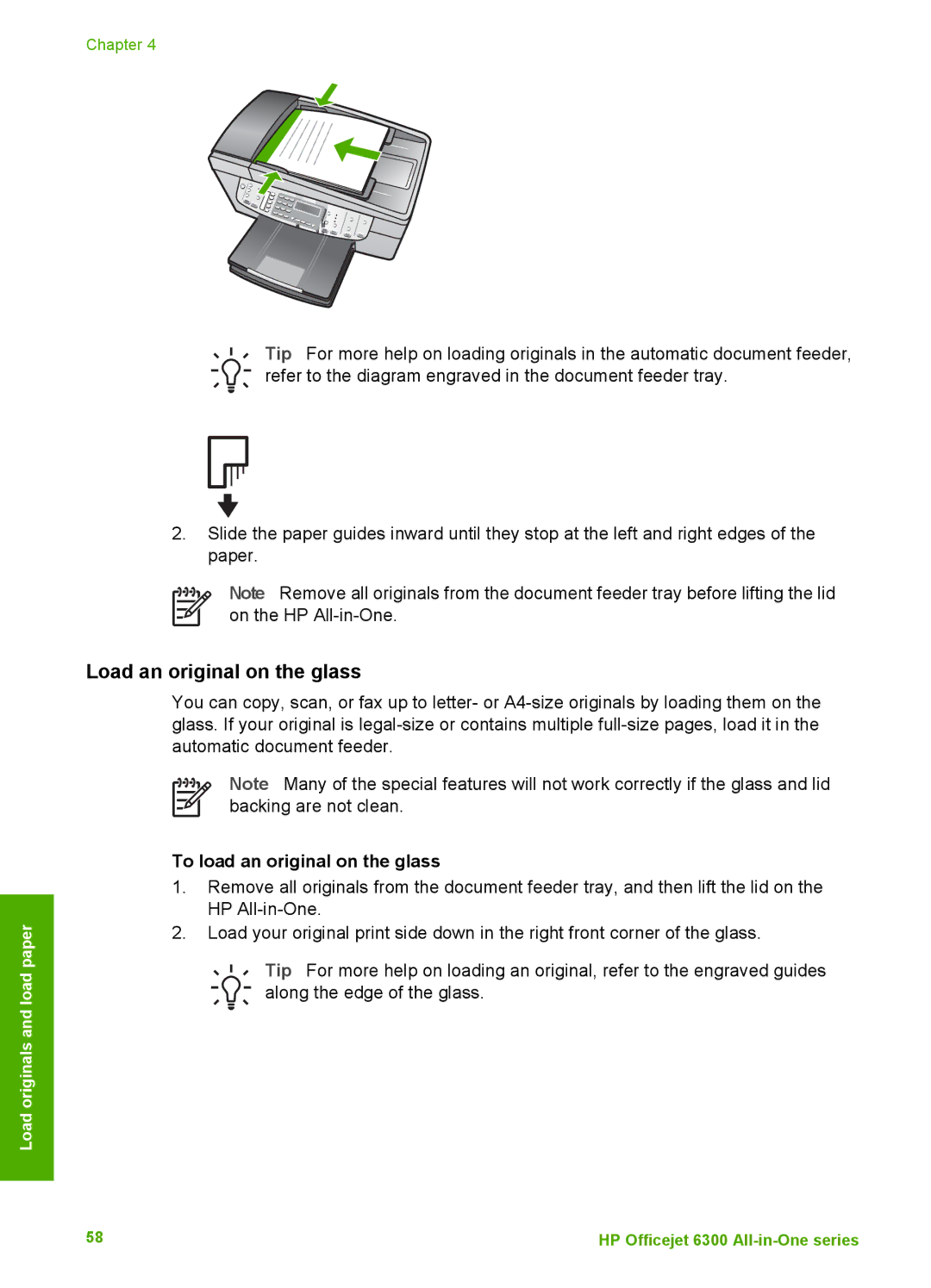 HP 6310xi manual Load an original on the glass, To load an original on the glass 