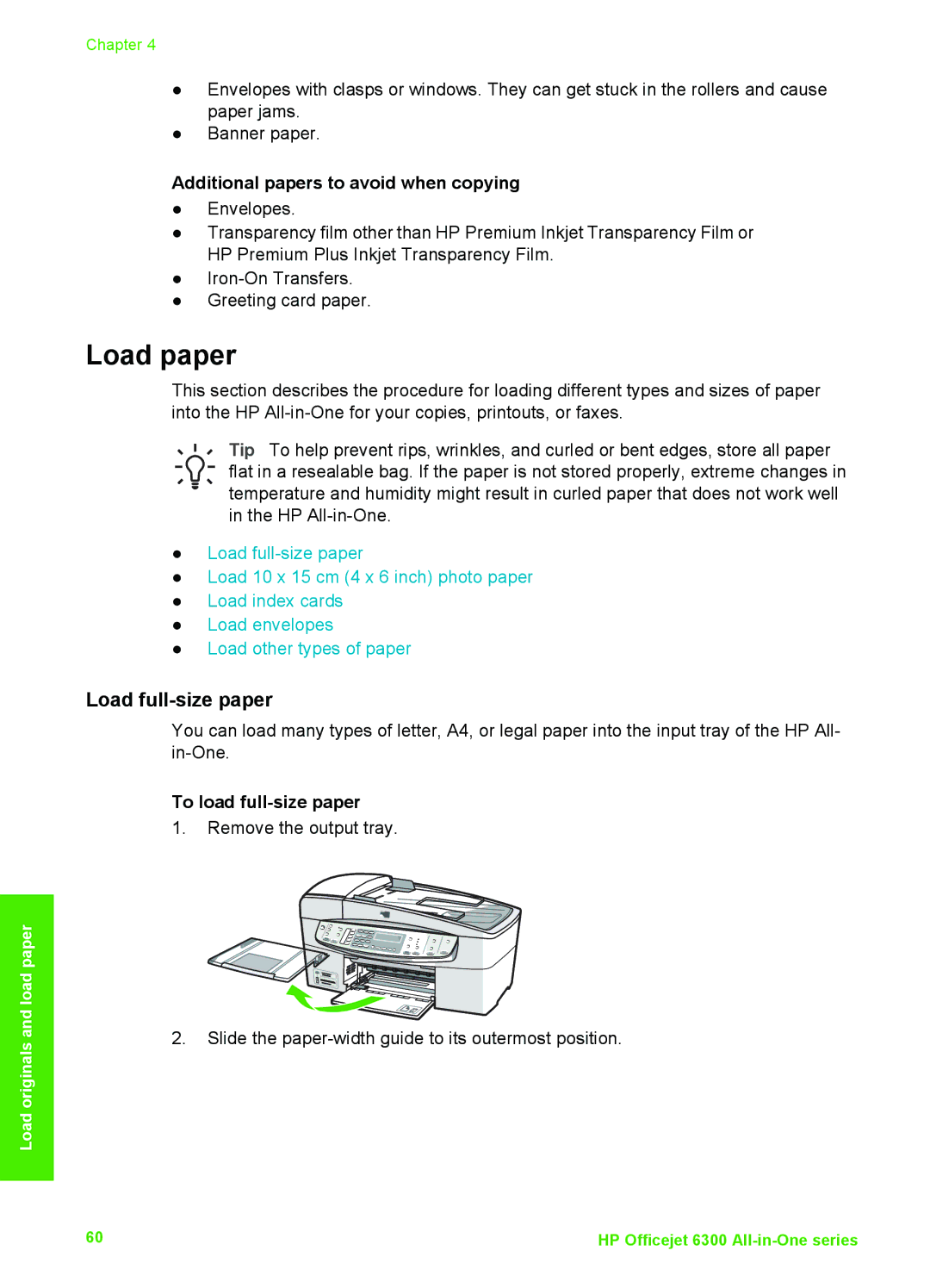 HP 6310xi manual Load paper, Load full-size paper, Additional papers to avoid when copying, To load full-size paper 