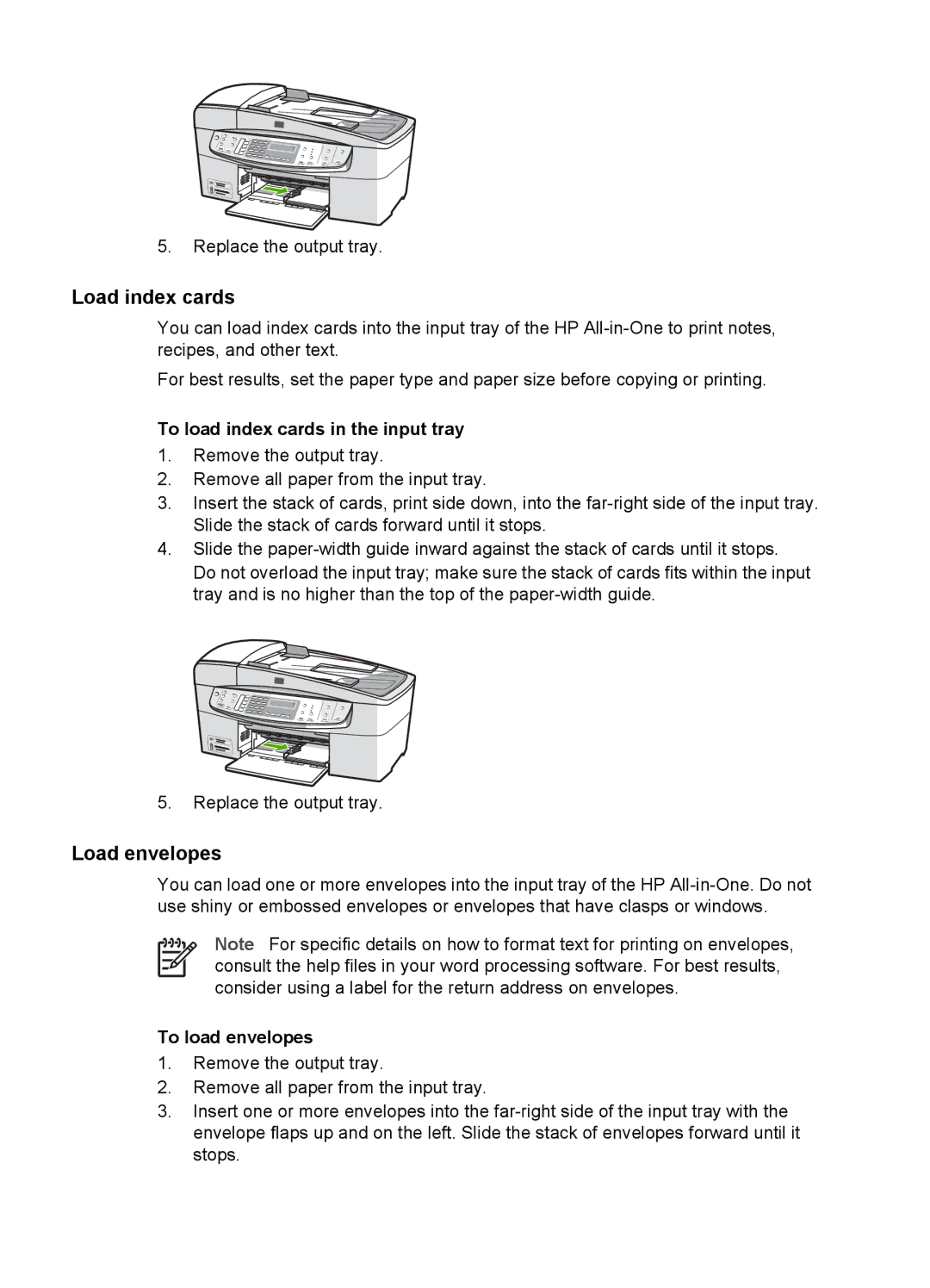 HP 6310xi manual Load index cards, Load envelopes, To load index cards in the input tray, To load envelopes 