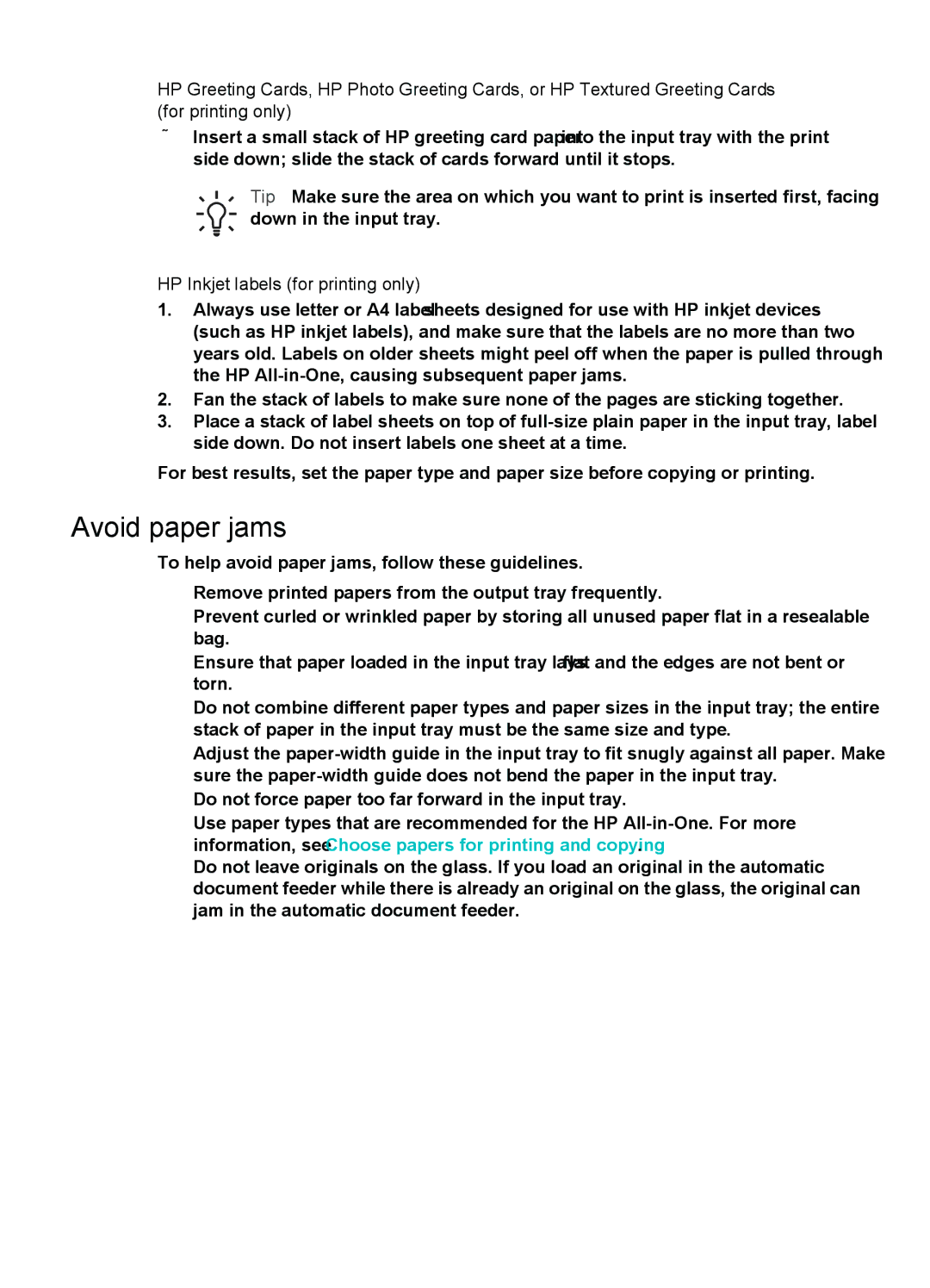 HP 6310xi manual Avoid paper jams, HP Inkjet labels for printing only 