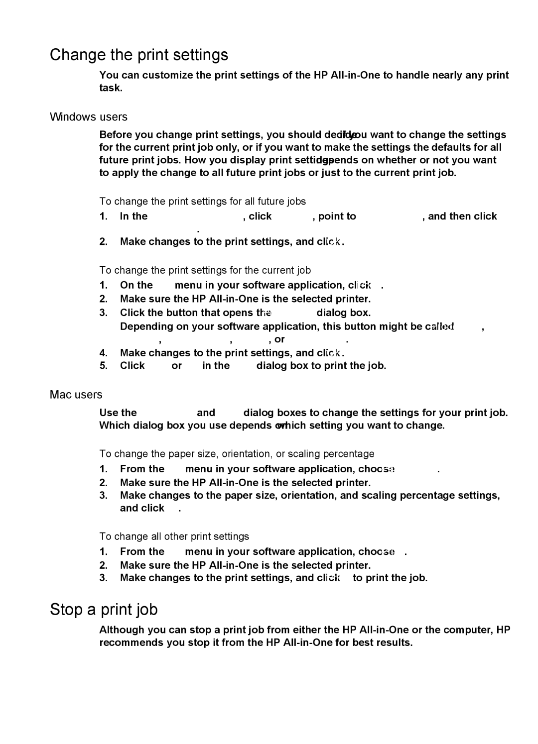 HP 6310xi manual Change the print settings, Stop a print job, Windows users, Mac users 