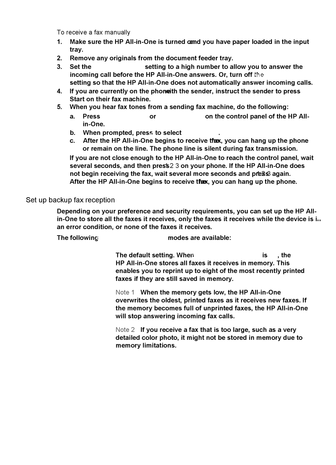 HP 6310xi Set up backup fax reception, To receive a fax manually 