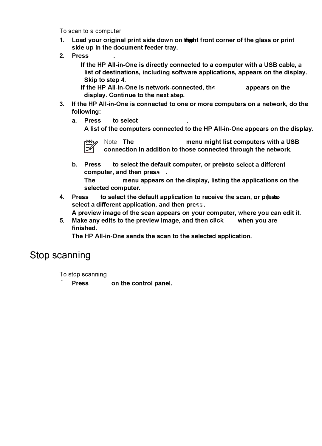 HP 6310xi manual Stop scanning, To scan to a computer, Press OK to select Select Computer, To stop scanning 