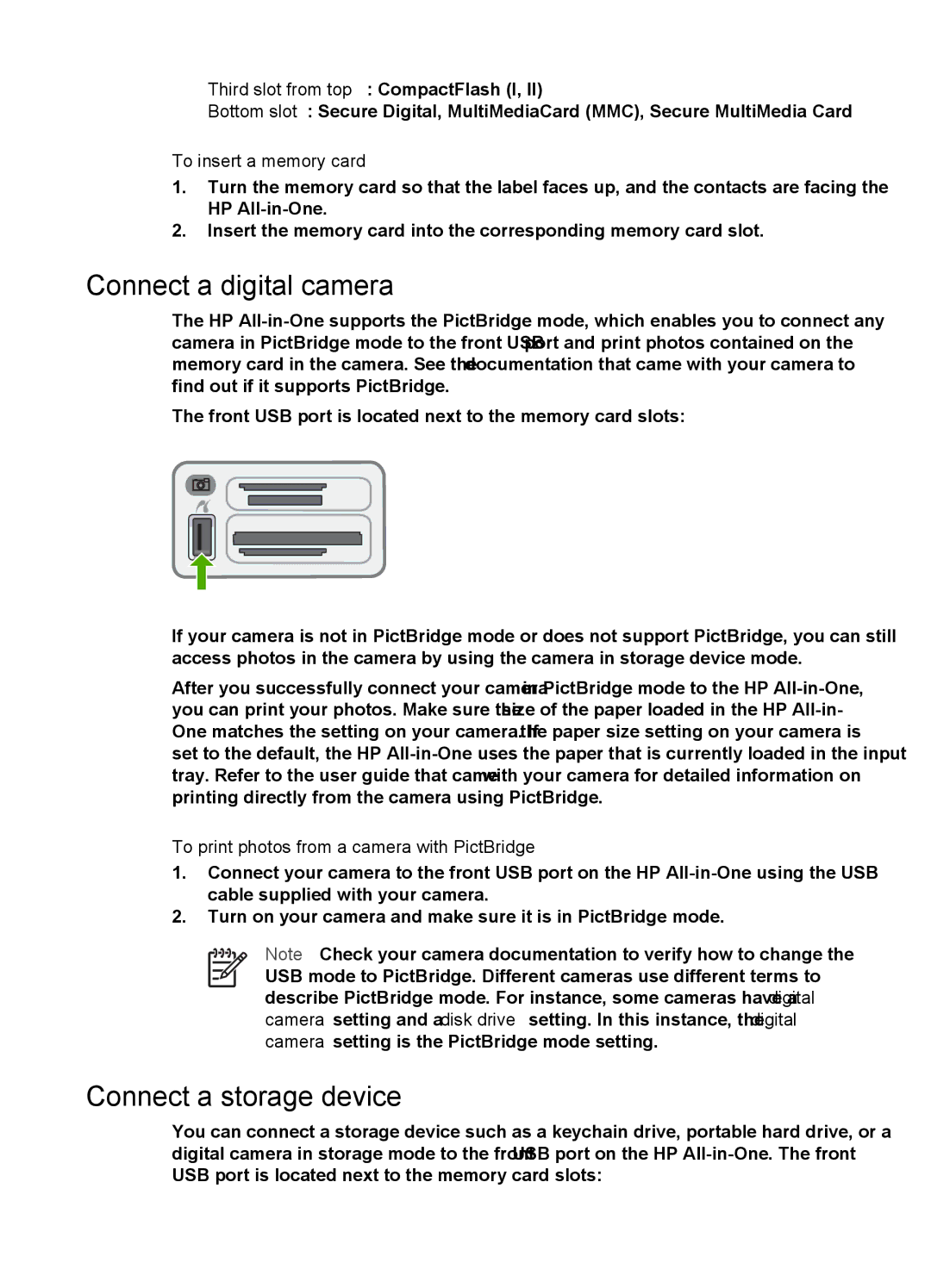 HP 6310xi manual Connect a digital camera, Connect a storage device, To insert a memory card 