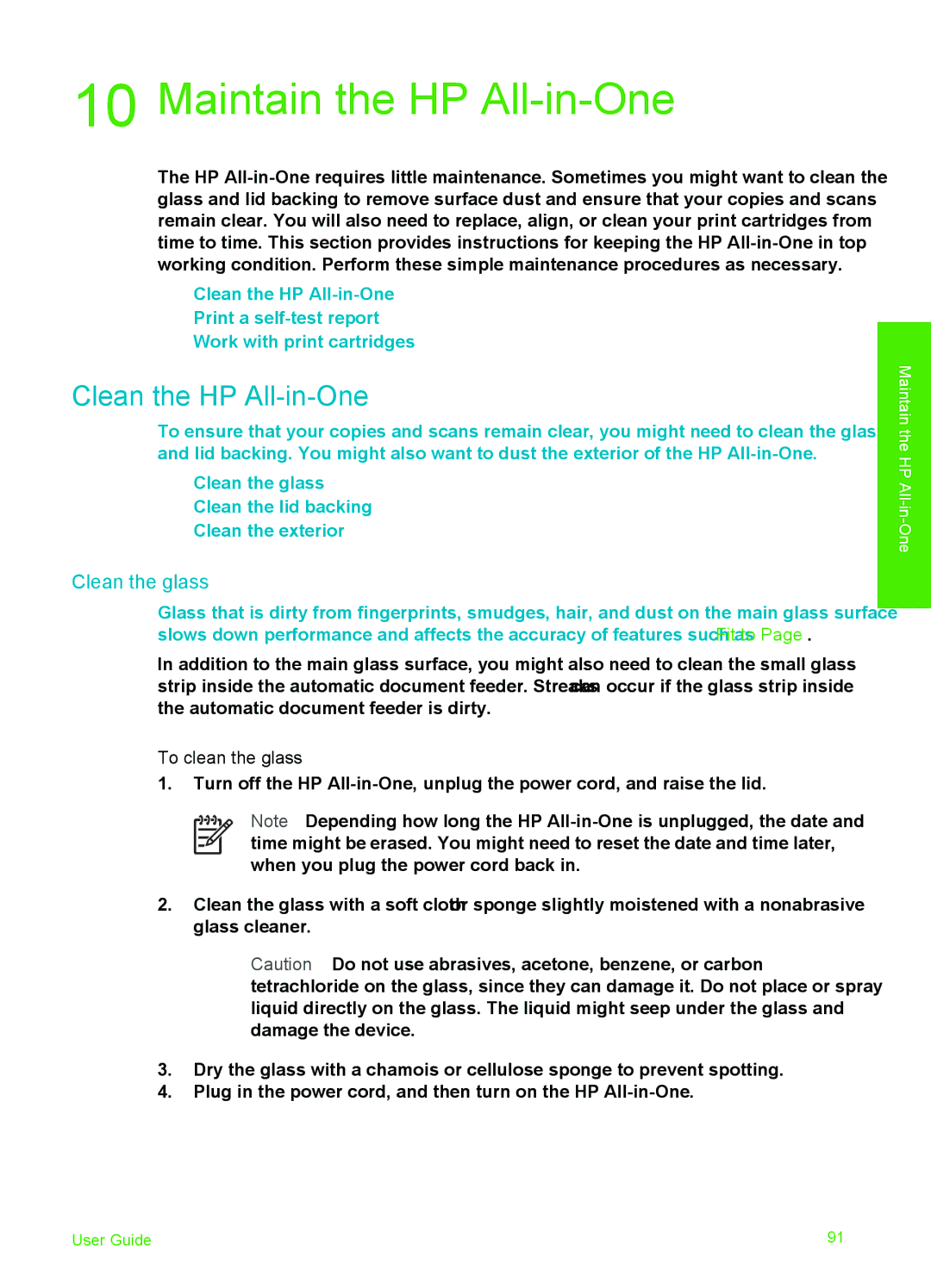 HP 6310xi manual Maintain the HP All-in-One, Clean the HP All-in-One, Clean the glass, To clean the glass 