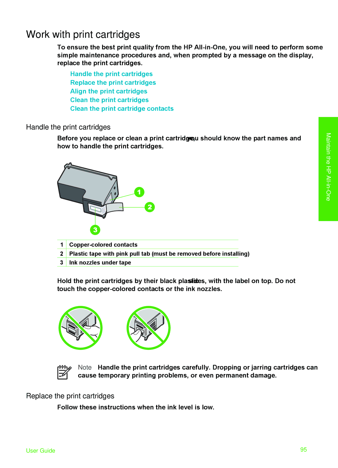 HP 6310xi manual Work with print cartridges, Handle the print cartridges, Replace the print cartridges 