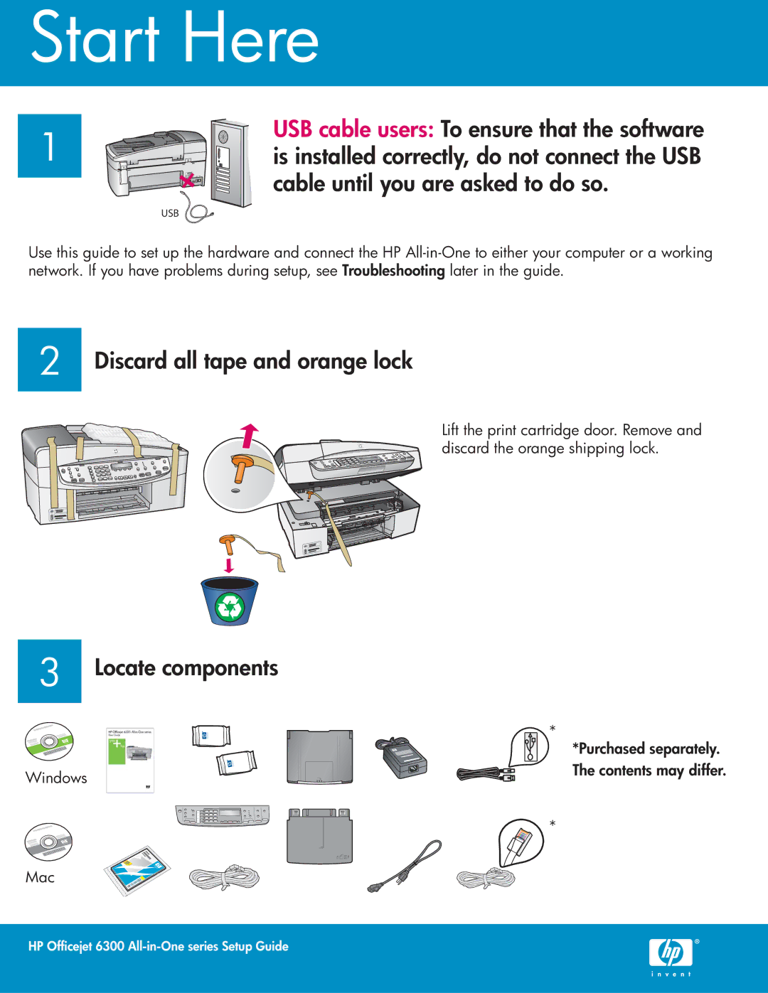 HP 6310xi manual Start Here, Discard all tape and orange lock Locate components 