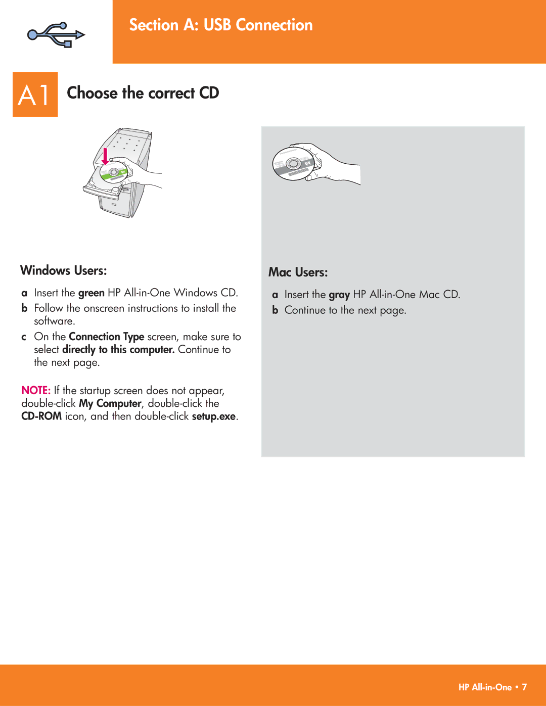 HP 6310xi manual Section a USB Connection, A1 Choose the correct CD 