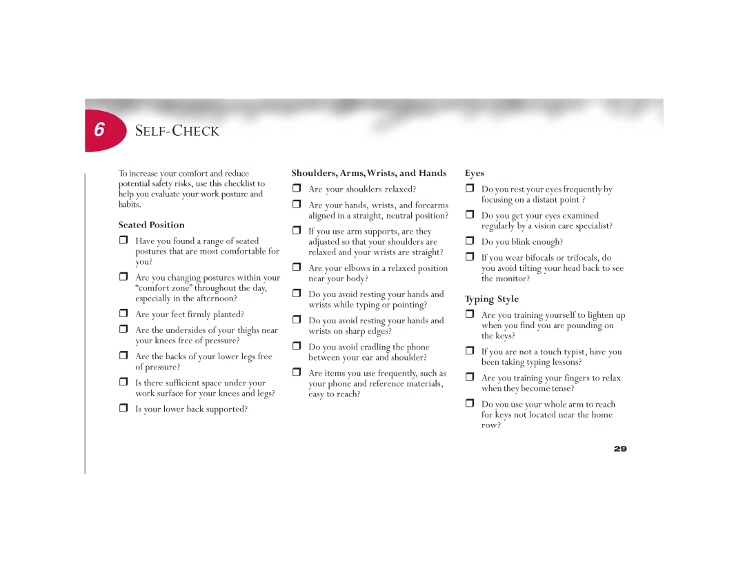 HP 6330US manual Self-Check, Seated Position, Shoulders, Arms,Wrists, and Hands, Eyes, Typing Style 