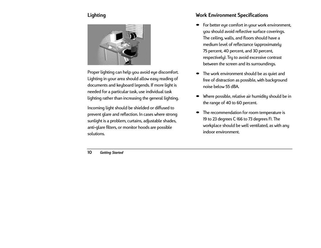 HP 6340 (US/CAN), 6346 (US) manual Lighting, Work Environment Specifications 