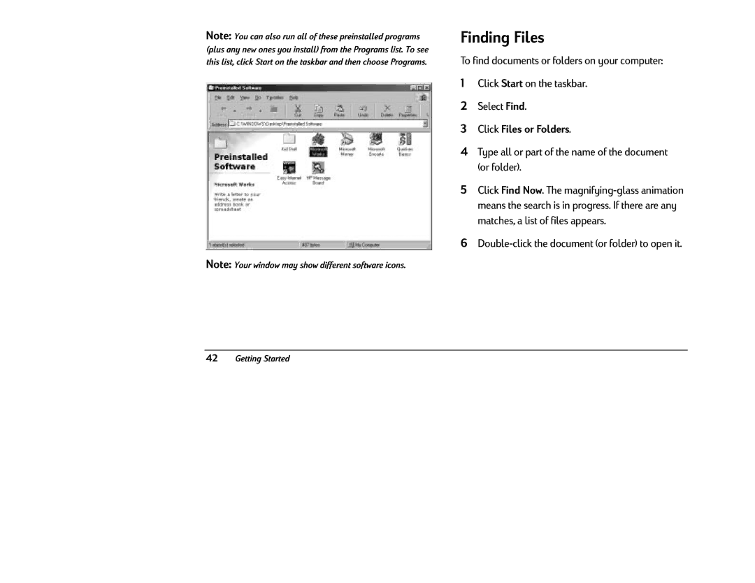 HP 6340 (US/CAN) manual Finding Files, Select Find, Click Files or Folders, Or folder, Matches, a list of files appears 