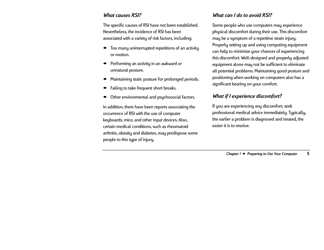 HP 6346 (US), 6340 (US/CAN) manual What causes RSI?, What can I do to avoid RSI?, What if I experience discomfort? 