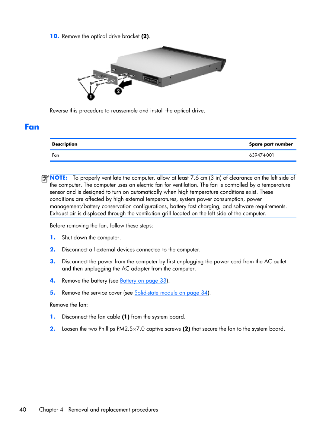 HP 6360t Mobile manual Description Spare part number Fan 639474-001 