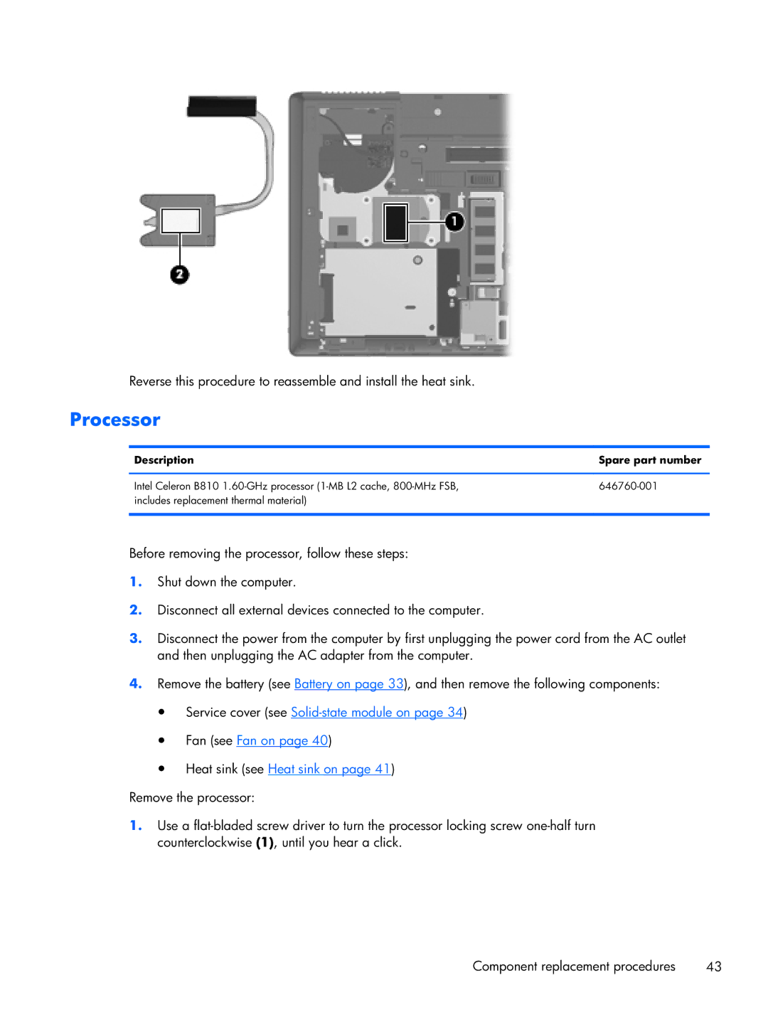 HP 6360t Mobile manual Processor, Description Spare part number 