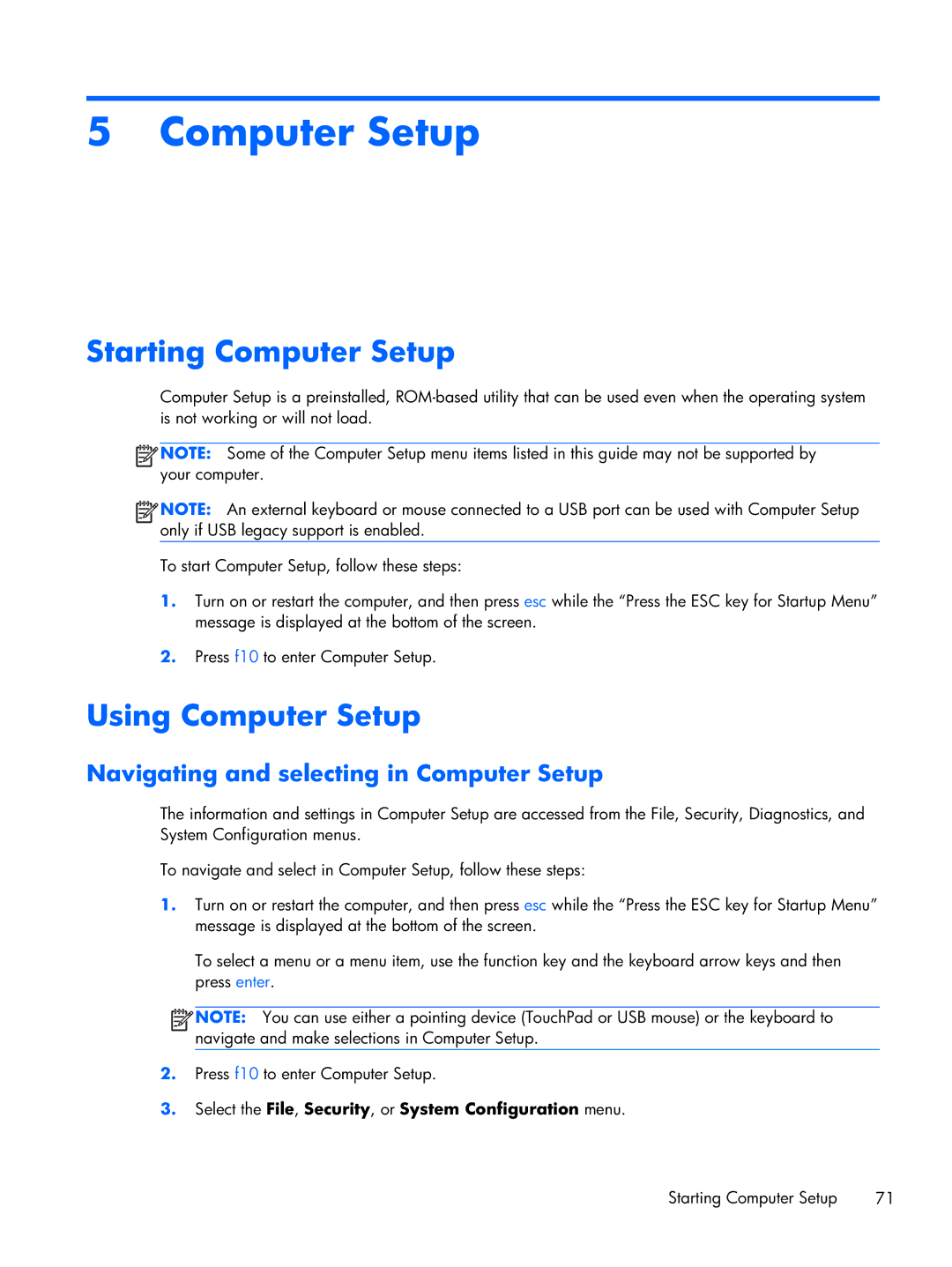 HP 6360t Mobile manual Starting Computer Setup, Using Computer Setup, Navigating and selecting in Computer Setup 