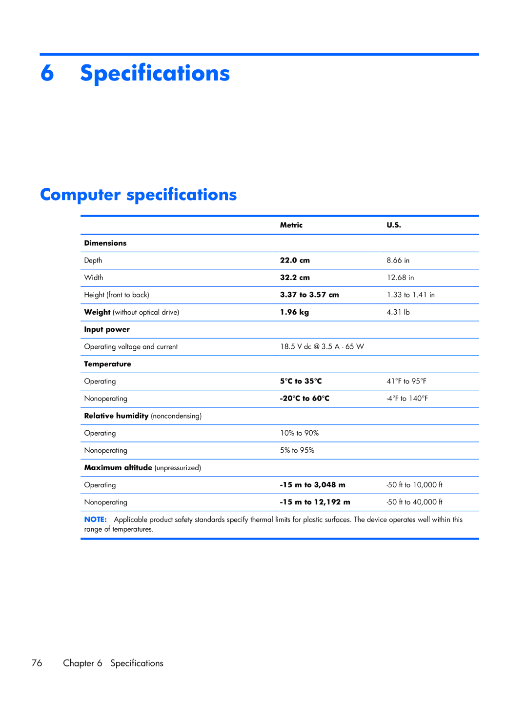 HP 6360t Mobile manual Specifications, Computer specifications 