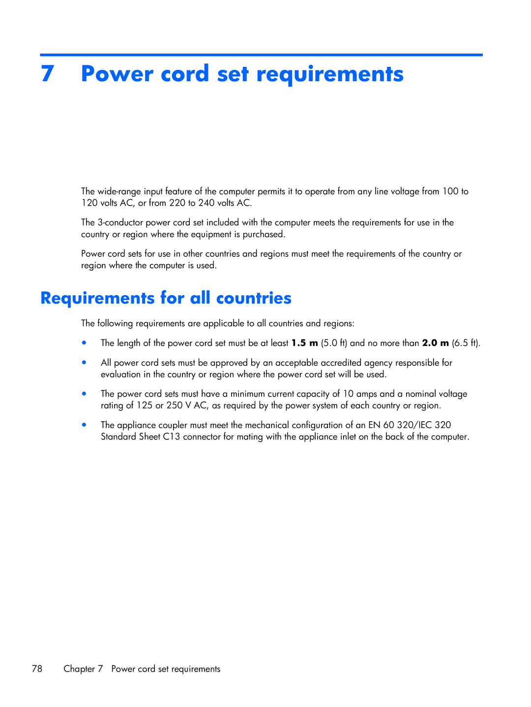 HP 6360t Mobile manual Power cord set requirements, Requirements for all countries 