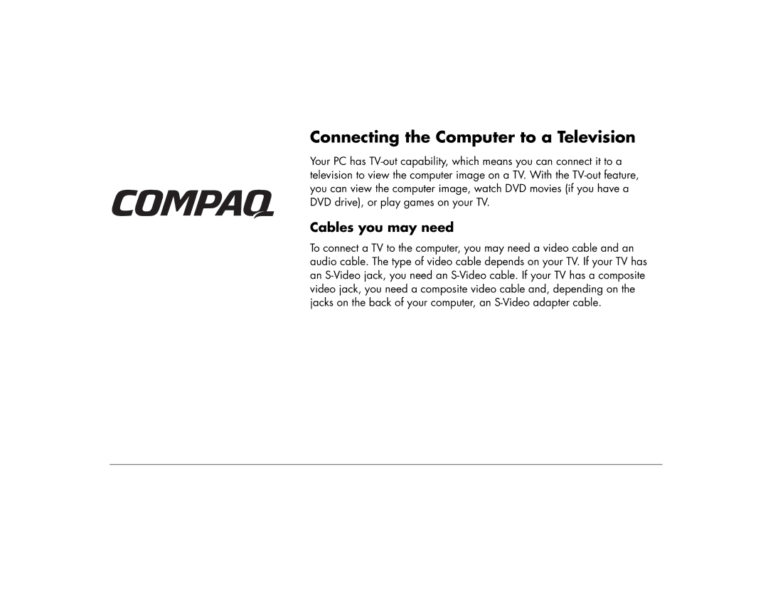 HP 6370US manual Connecting the Computer to a Television, Cables you may need 