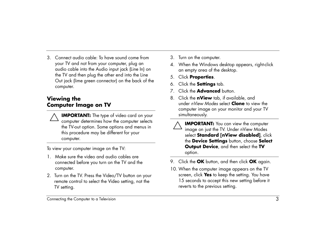 HP 6370US manual Viewing Computer Image on TV, Click Properties 