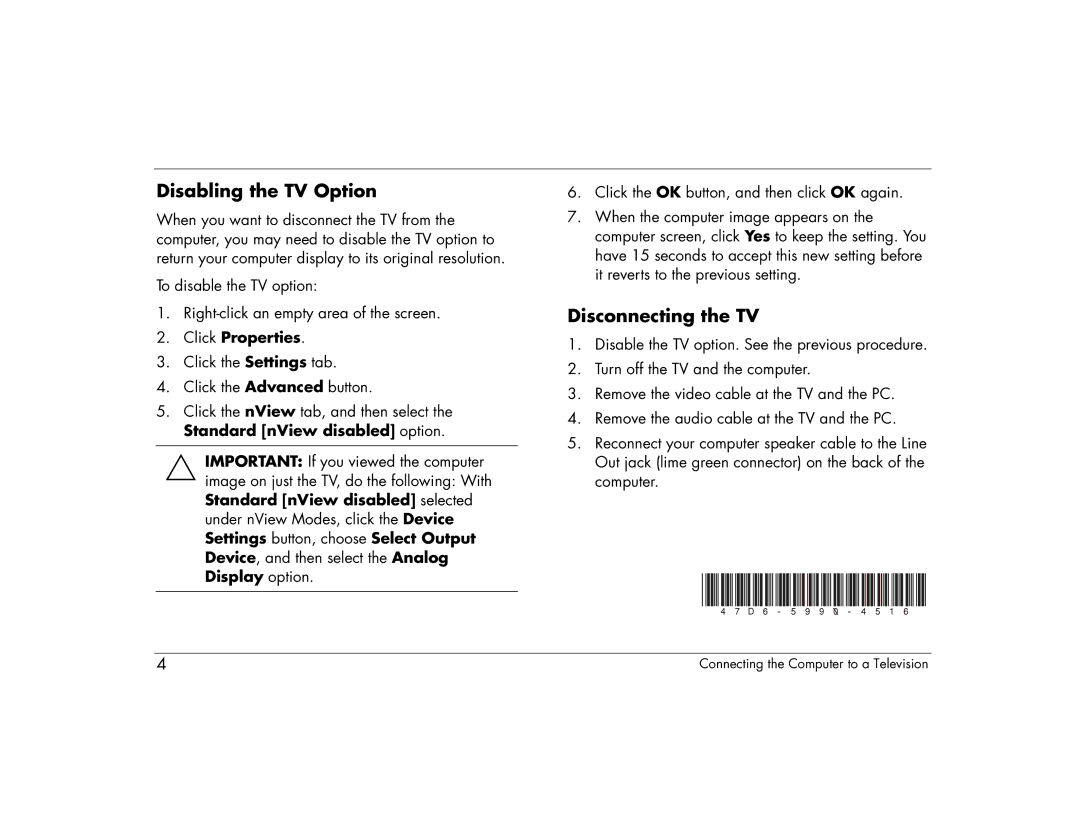 HP 6370US manual Disabling the TV Option, Disconnecting the TV 