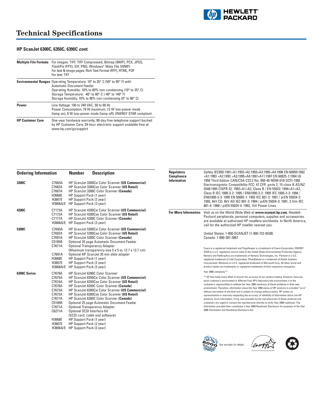 HP 3300C, 5300C, 4200c manual HP ScanJet 6300C, 6350C, 6390C, Ordering Information Number Description 