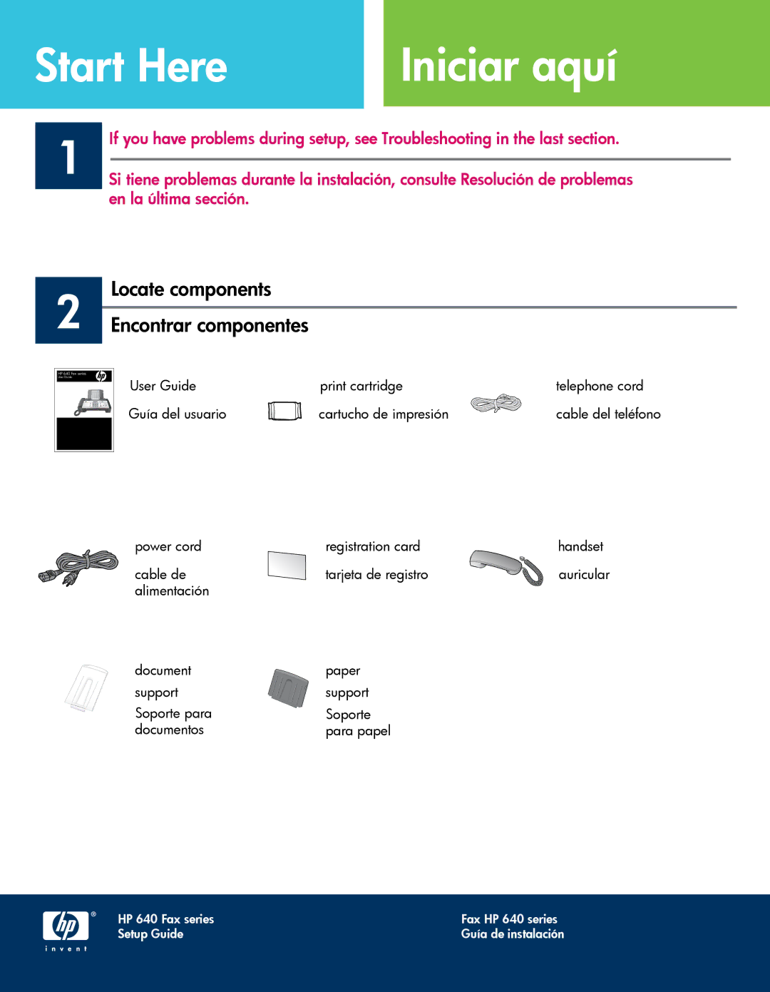 HP 640 Fax manual Start Here Iniciar aquí, Locate components Encontrar componentes 