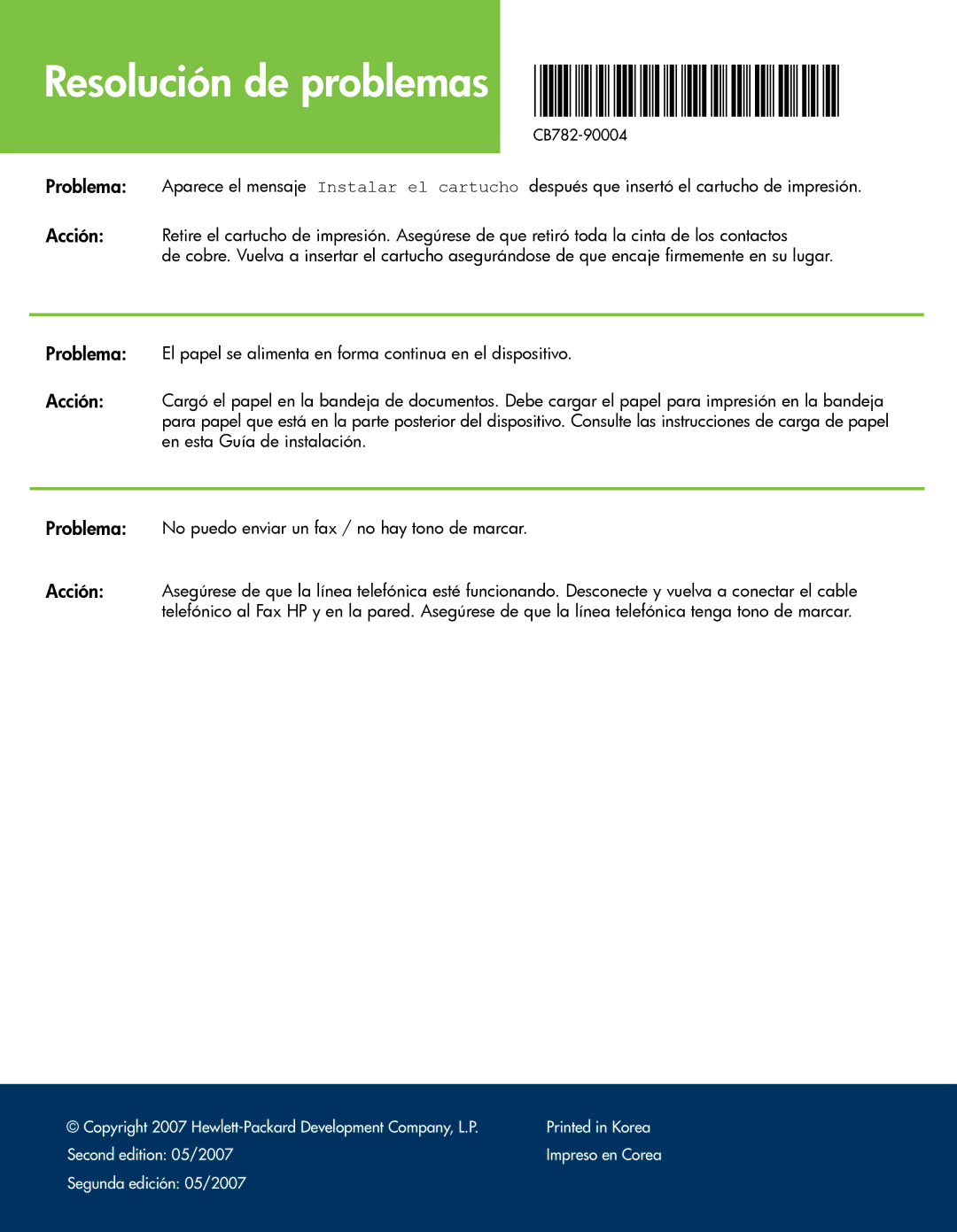 HP 640 Fax manual Resolución de problemas *CB782-90004 