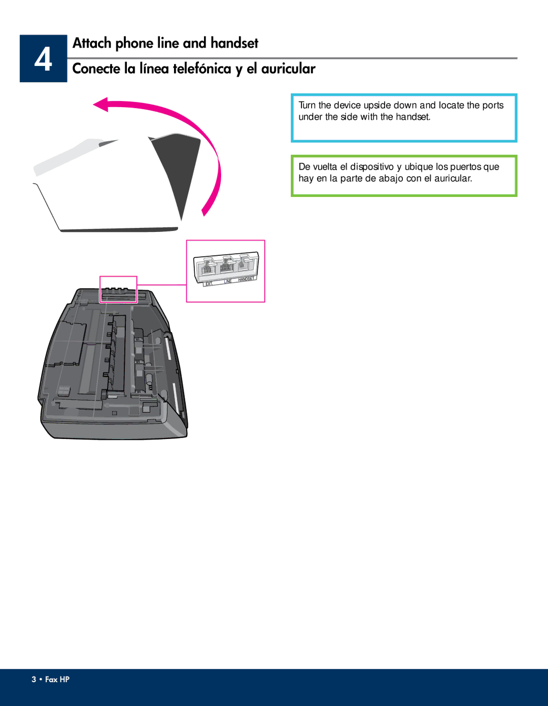 HP 640 Fax manual Attach phone line and handset, Conecte la línea telefónica y el auricular 