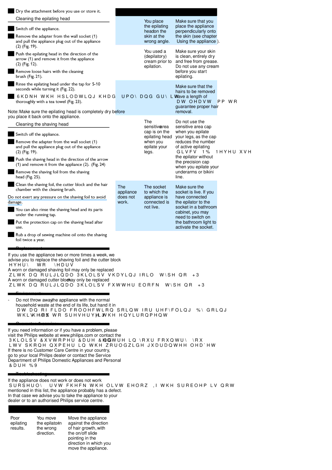 HP 6409 manual Cleaning the epilating head, Cleaning the shaving head, Replacement, Environment, Guarantee & service 