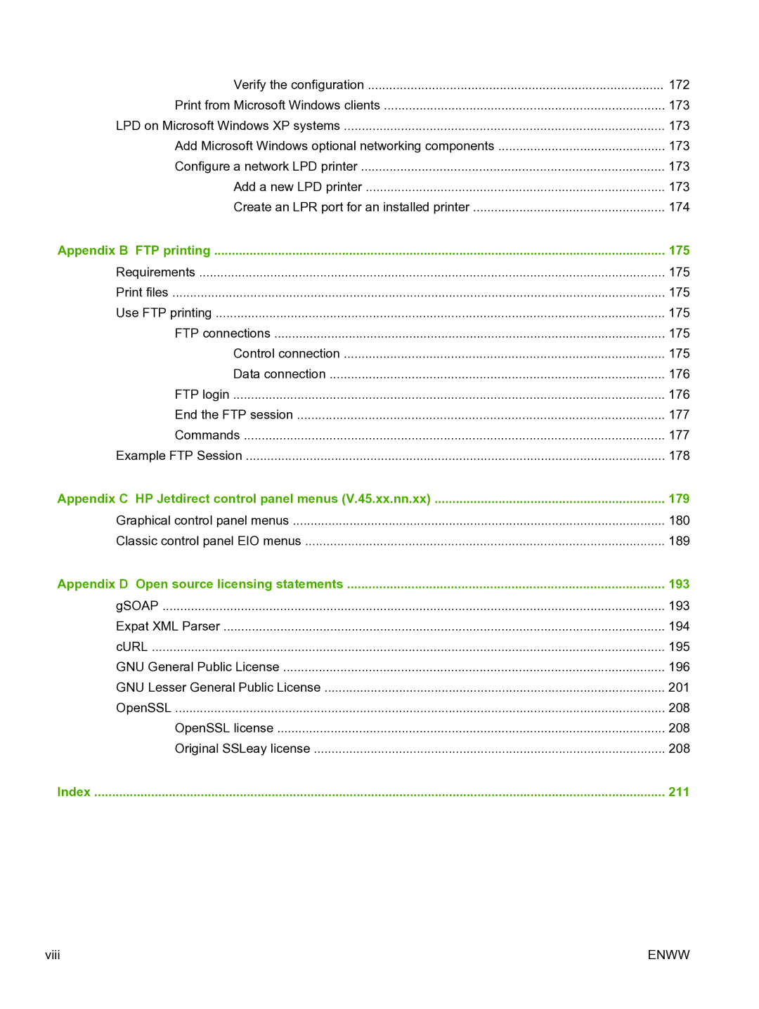 HP 640n Print Server manual 175, 179, 193, 211 