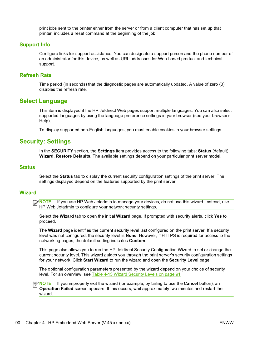 HP 640n Print Server manual Select Language, Security Settings 