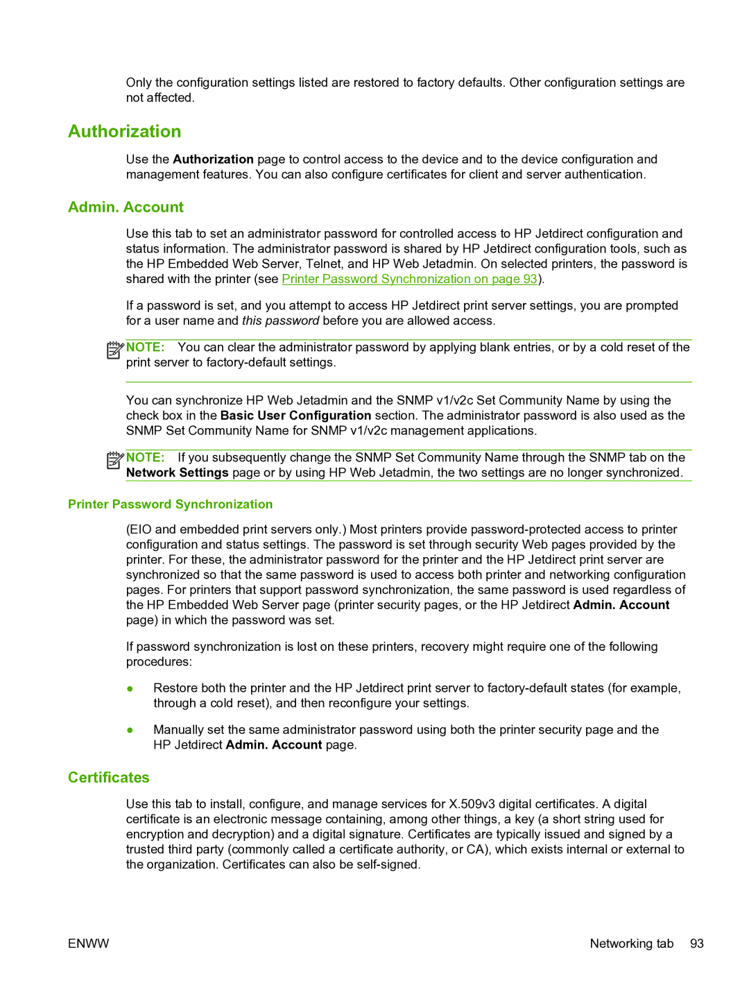 HP 640n Print Server manual Authorization, Admin. Account, Certificates, Printer Password Synchronization 