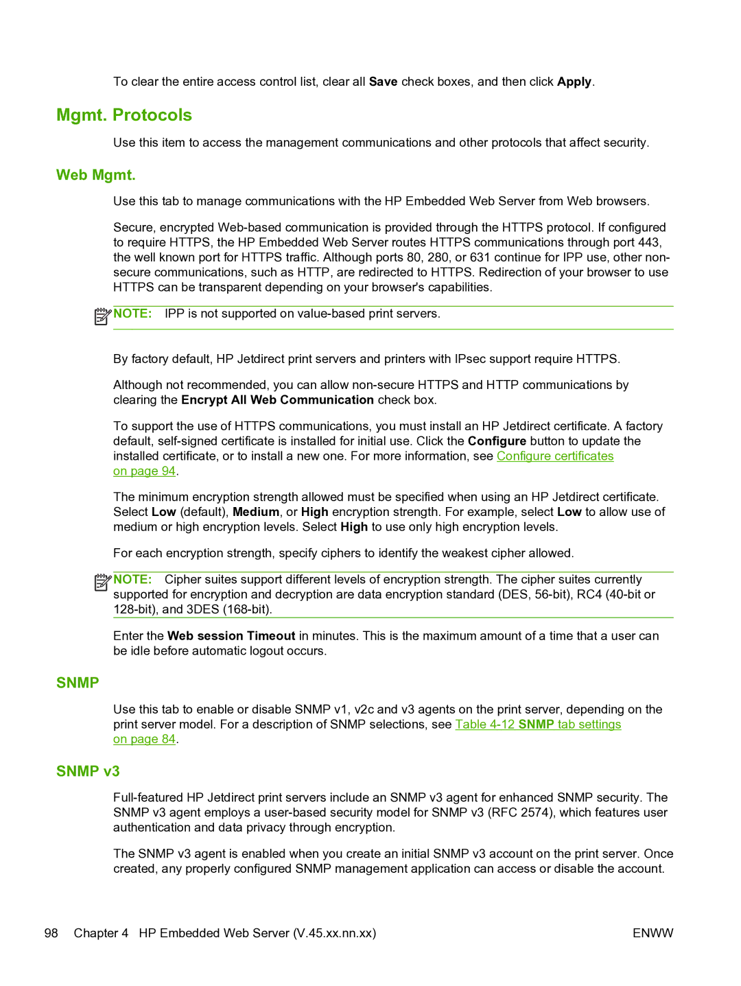 HP 640n Print Server manual Mgmt. Protocols, Web Mgmt, Snmp 