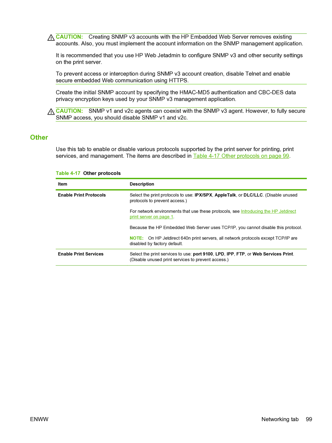 HP 640n Print Server manual 17Other protocols, Enable Print Protocols, Print server on, Enable Print Services 