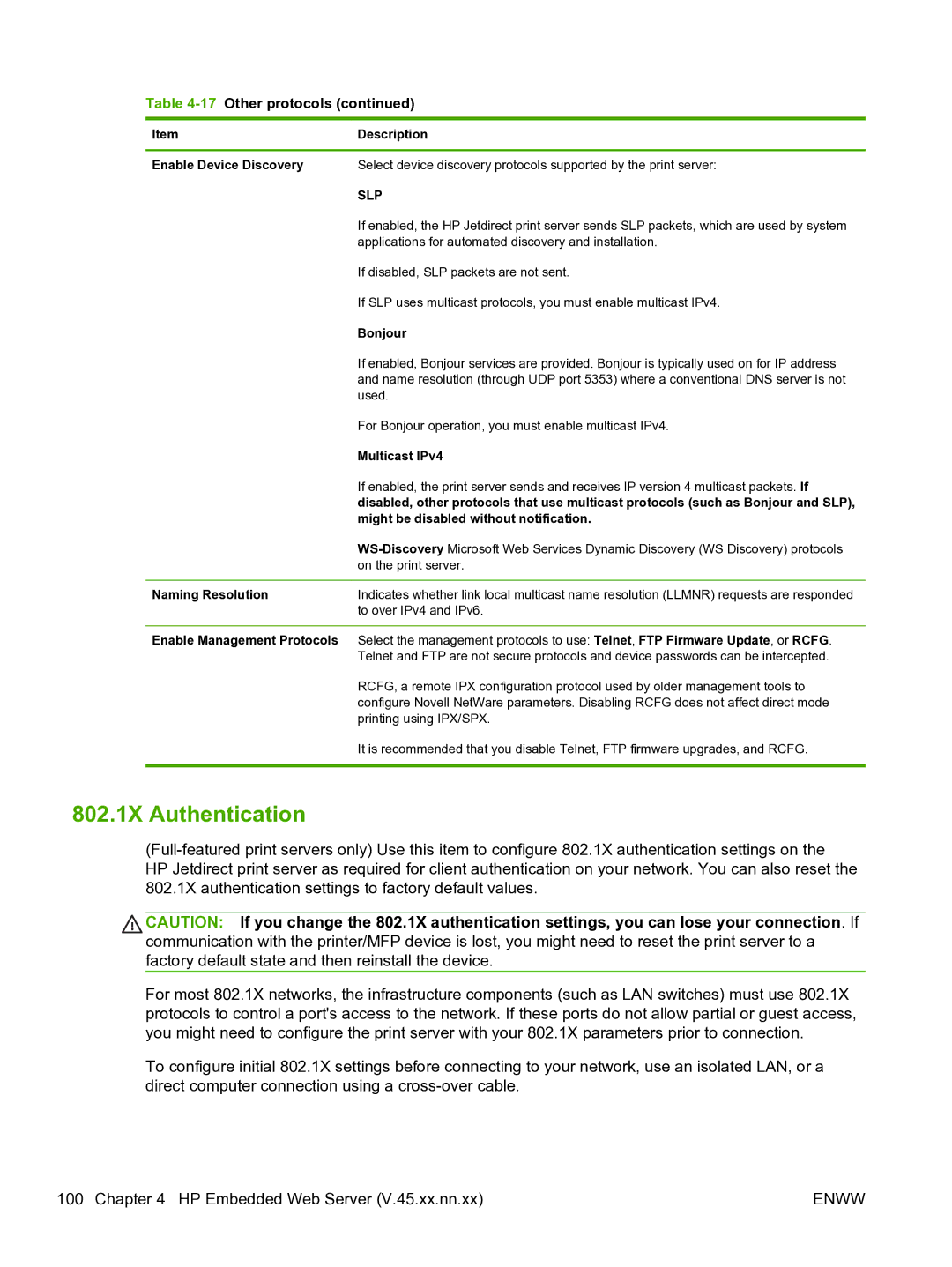 HP 640n Print Server manual 802.1X Authentication, Enable Device Discovery, Might be disabled without notification 