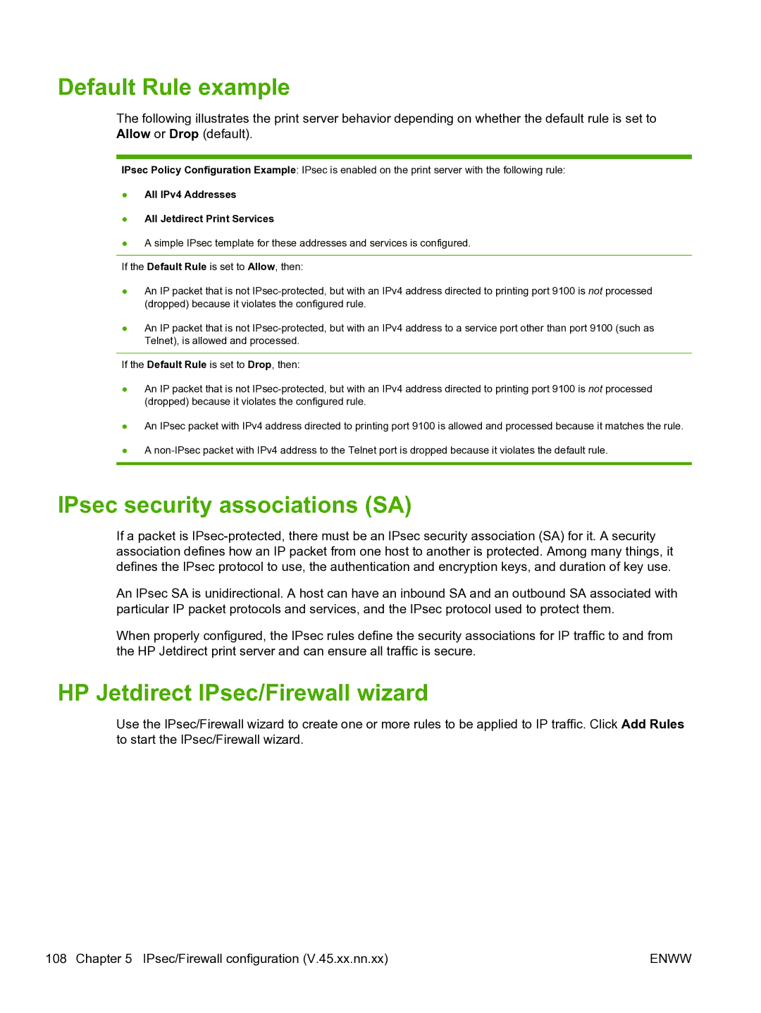 HP 640n Print Server manual Default Rule example, IPsec security associations SA, HP Jetdirect IPsec/Firewall wizard 