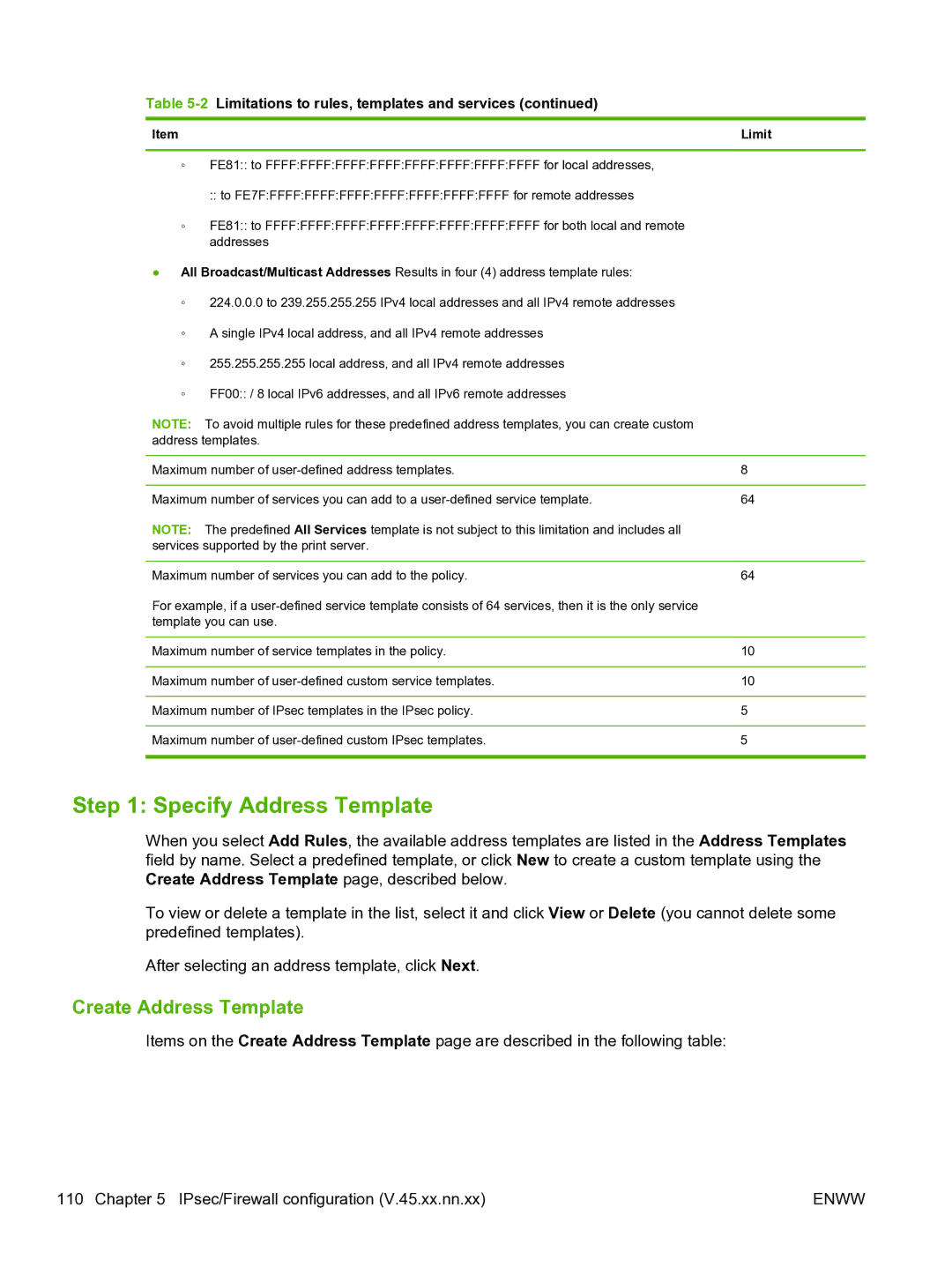 HP 640n Print Server manual Specify Address Template, Create Address Template 