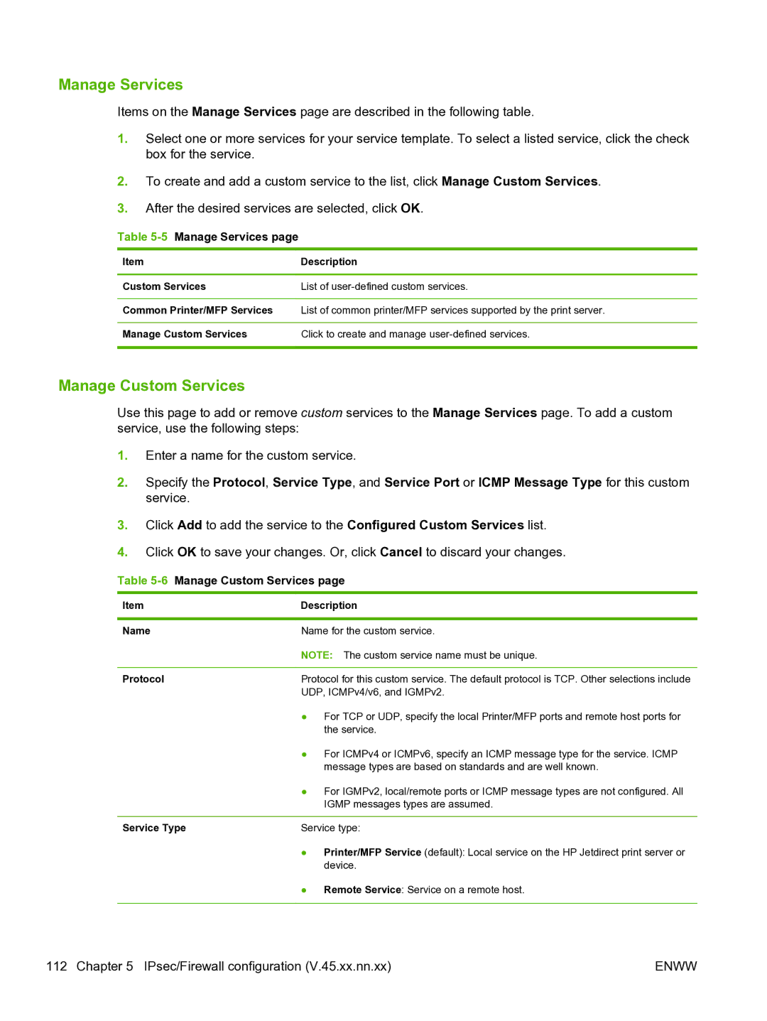 HP 640n Print Server manual 5Manage Services, 6Manage Custom Services 