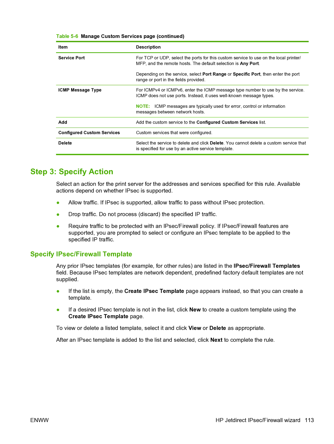 HP 640n Print Server manual Specify Action, Specify IPsec/Firewall Template 