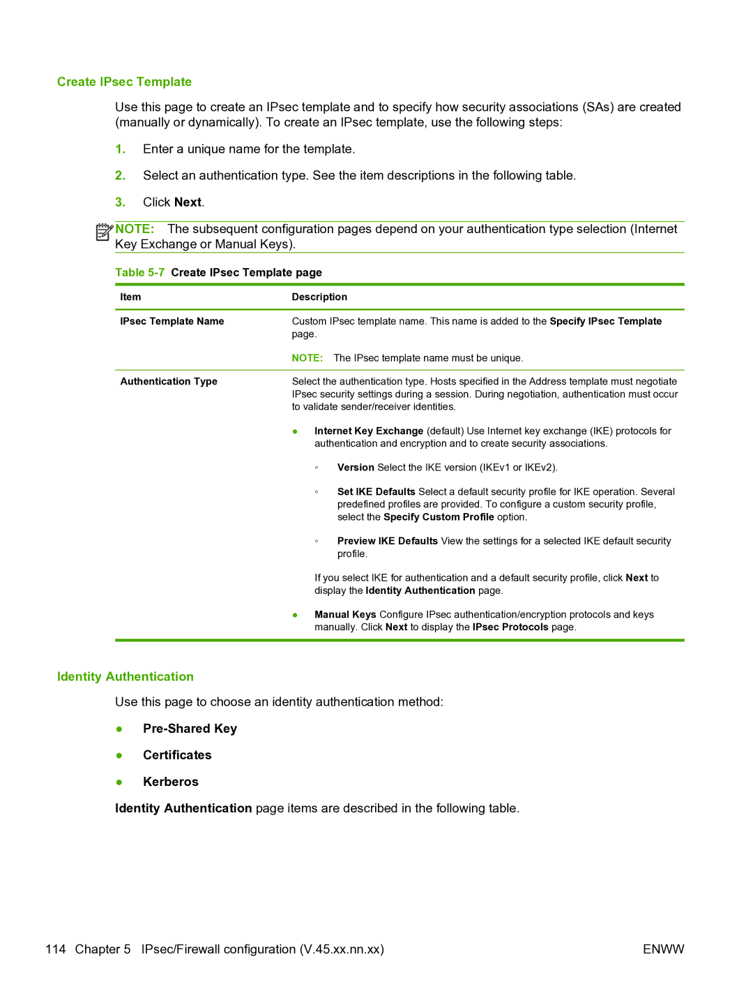 HP 640n Print Server manual Identity Authentication, 7Create IPsec Template 