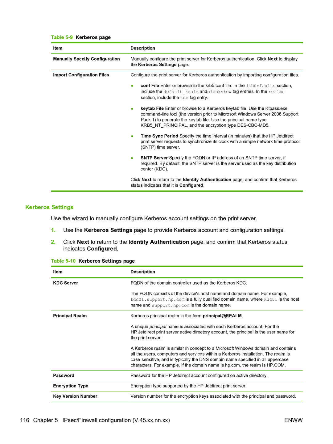 HP 640n Print Server manual 9Kerberos, 10Kerberos Settings 