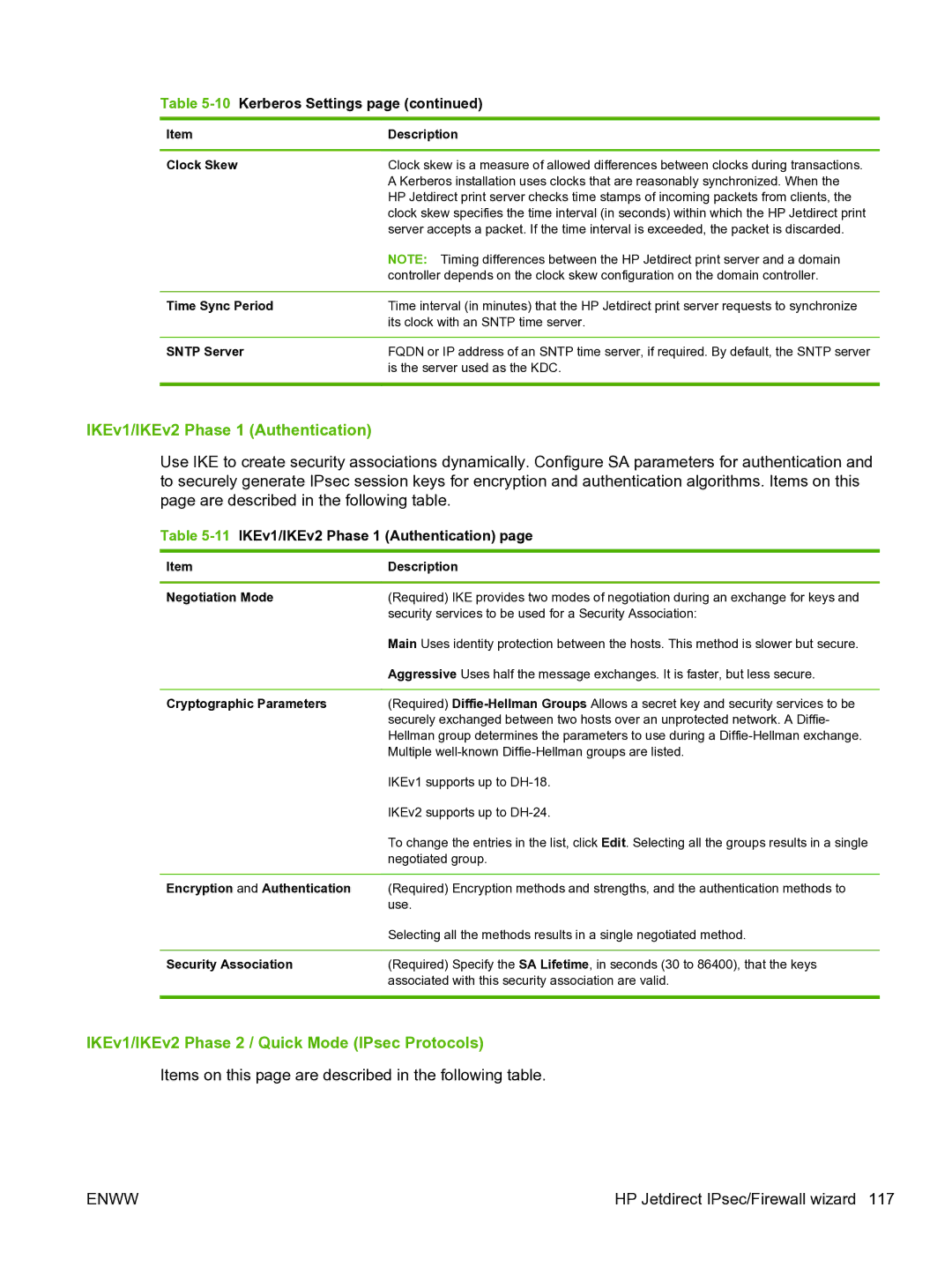 HP 640n Print Server manual IKEv1/IKEv2 Phase 1 Authentication, IKEv1/IKEv2 Phase 2 / Quick Mode IPsec Protocols 