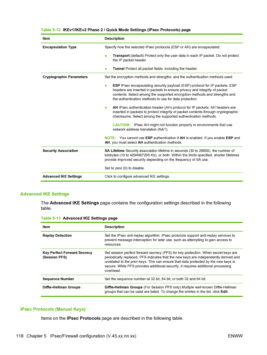 HP 640n Print Server manual IPsec Protocols Manual Keys, 13Advanced IKE Settings 
