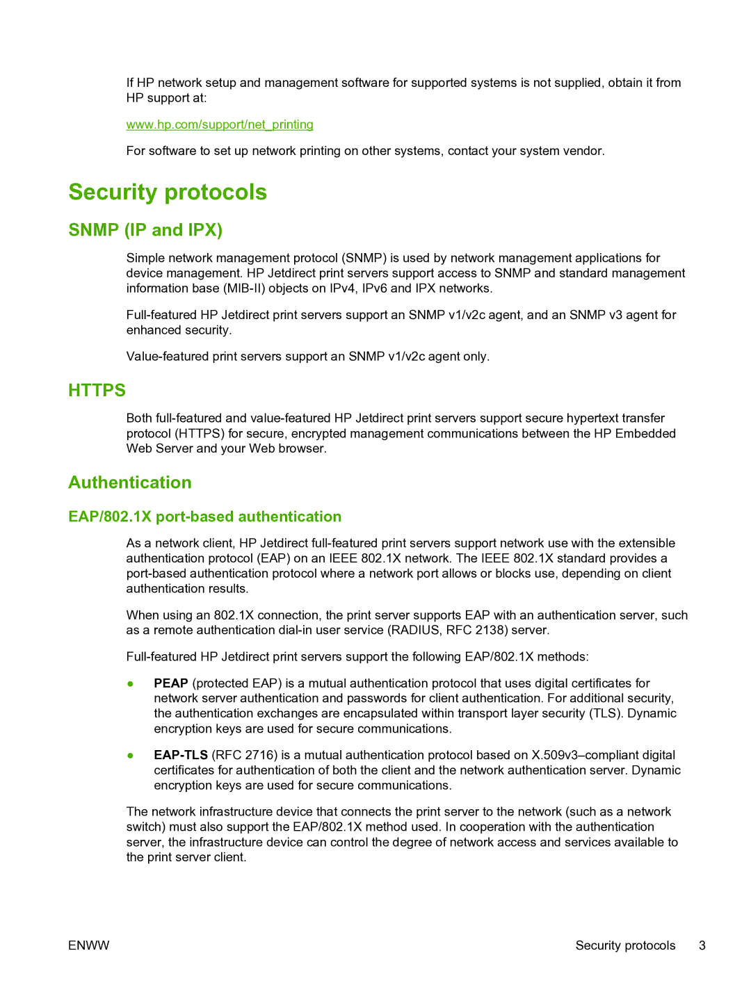 HP 640n Print Server manual Security protocols, Snmp IP and IPX, Authentication, EAP/802.1X port-based authentication 